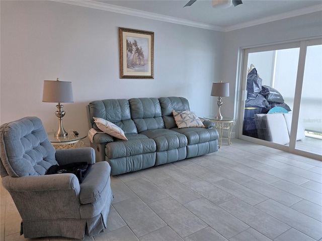 333 The Esplanade N Unit 102, Venice, FL 34285 - living room with ornamental molding and a ceiling fan