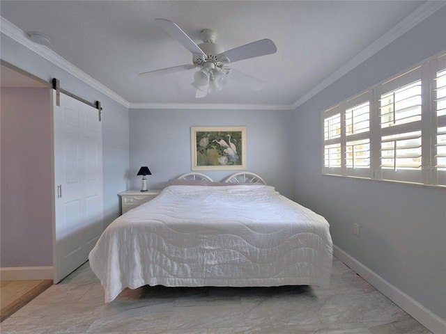 333 The Esplanade N Unit 102, Venice, FL 34285 - bedroom featuring crown molding, a barn door, and ceiling fan