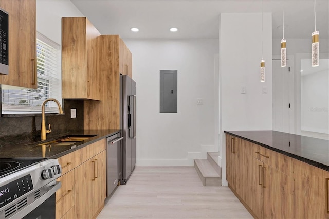 6821 Marius Rd, North Port, FL 34287 - kitchen with electric panel, modern cabinets, stainless steel appliances, light wood-style floors, and dark stone counters