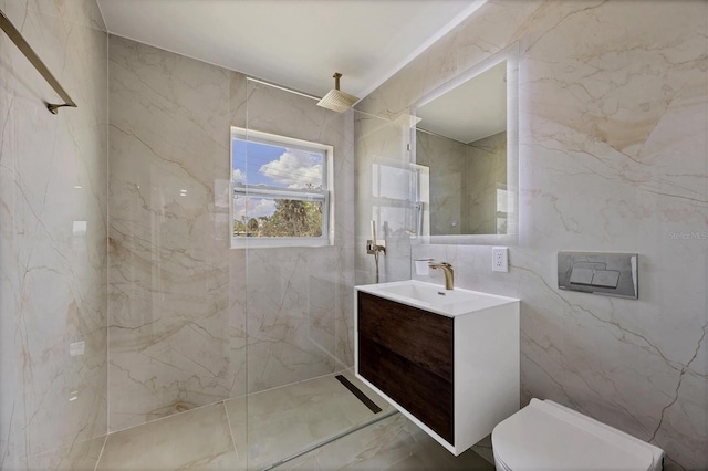 6821 Marius Rd, North Port, FL 34287 - full bathroom with vanity, a marble finish shower, tile walls, and marble finish flooring