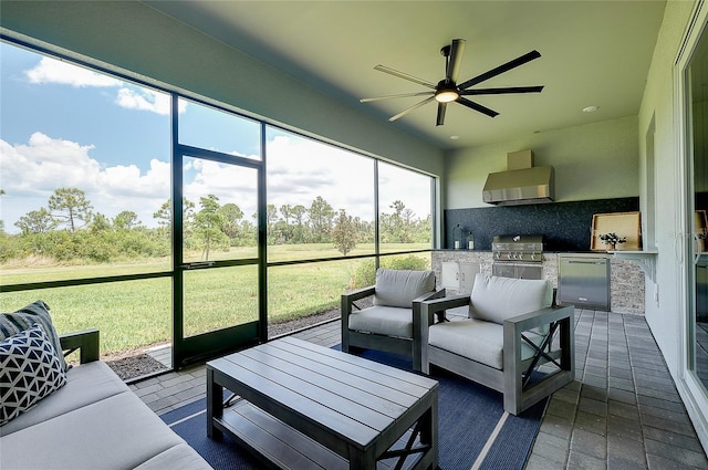 17525 Jadestone Ct, Venice, FL 34293 - sunroom with area for grilling, ceiling fan, and outdoor lounge area