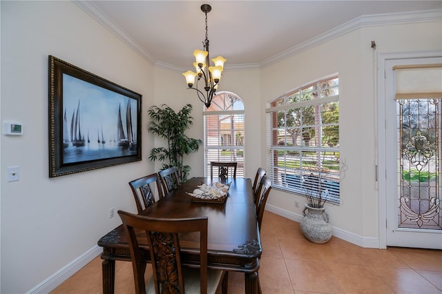 4308 Via Del Santi, Venice, FL 34293 - dining space featuring a chandelier, light tile patterned floors, and crown molding