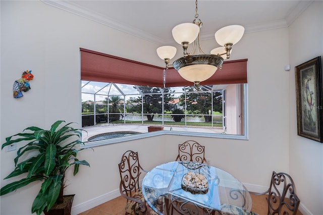 4308 Via Del Santi, Venice, FL 34293 - tiled dining space with a sunroom, ornamental molding, and a chandelier