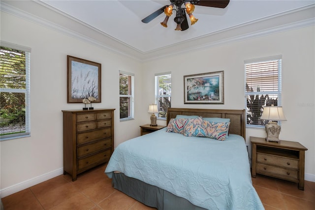 4308 Via Del Santi, Venice, FL 34293 - tiled bedroom featuring ornamental molding and a ceiling fan