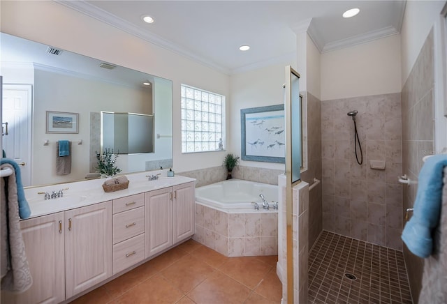 4308 Via Del Santi, Venice, FL 34293 - bathroom featuring tiled shower, a garden tub, double vanity, tile patterned flooring, and crown molding