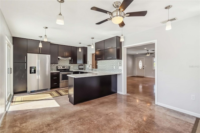 2555 Yucca Rd, Venice, FL 34293 - kitchen featuring appliances with stainless steel finishes, ceiling fan, under cabinet range hood, a peninsula, and tasteful backsplash