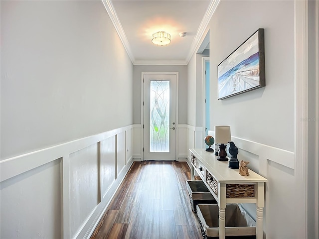20749 Swallowtail Ct, Venice, FL 34293 - doorway with ornamental molding, dark wood-style floors, wainscoting, and a decorative wall