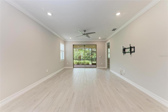 257 Teramo Way, Nokomis, FL 34275 - empty room with recessed lighting, a ceiling fan, light wood-style flooring, and crown molding