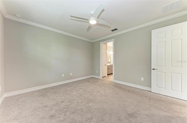 257 Teramo Way, Nokomis, FL 34275 - unfurnished bedroom featuring ornamental molding, light carpet, ensuite bath, and a ceiling fan