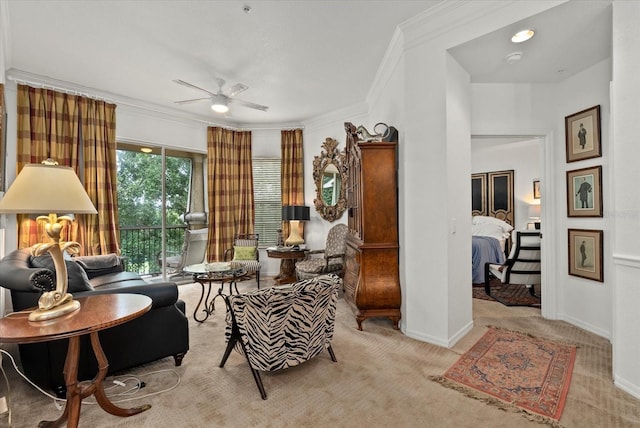 5134 Northridge Rd Unit 303, Sarasota, FL 34238 - living area featuring a ceiling fan, carpet floors, and crown molding