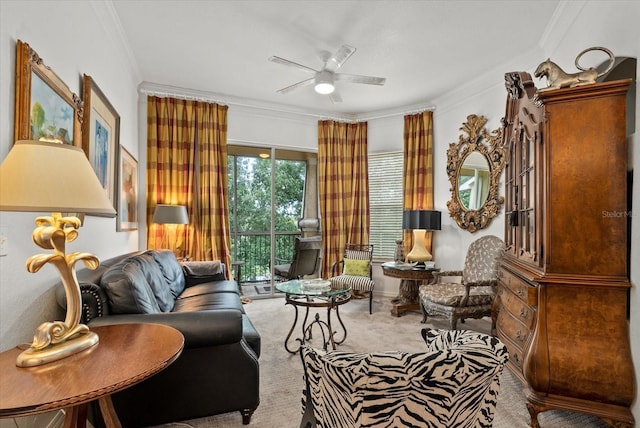 5134 Northridge Rd Unit 303, Sarasota, FL 34238 - living room featuring carpet, ornamental molding, and a ceiling fan