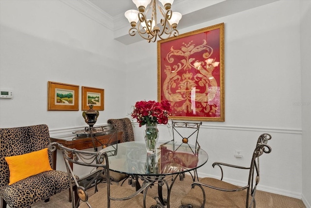 5134 Northridge Rd Unit 303, Sarasota, FL 34238 - dining area with carpet, crown molding, and a chandelier