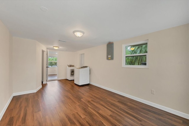 386 Nightingale Rd, Venice, FL 34293 - unfurnished living room with separate washer and dryer, electric panel, and dark wood-style floors
