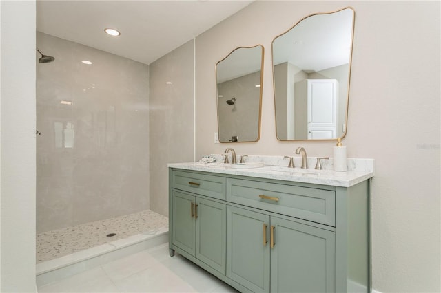 26115 Rampart Blvd, Punta Gorda, FL 33983 - bathroom with tiled shower, double vanity, and tile patterned flooring