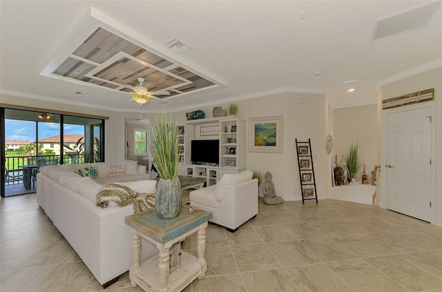 12590 Ghiberti Cir Unit 201, Venice, FL 34293 - living area with ornamental molding, light tile patterned floors, and ceiling fan