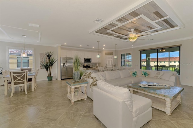 12590 Ghiberti Cir Unit 201, Venice, FL 34293 - living room with crown molding, ceiling fan, light tile patterned floors, and recessed lighting
