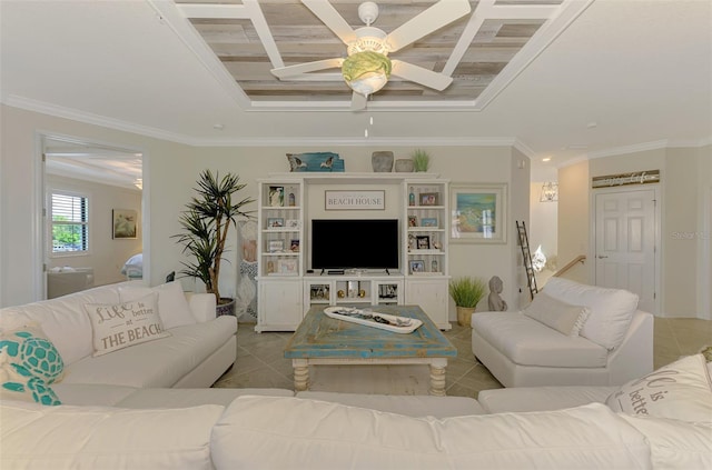 12590 Ghiberti Cir Unit 201, Venice, FL 34293 - tiled living area featuring ceiling fan, a raised ceiling, and ornamental molding