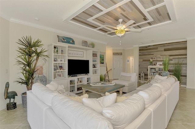 12590 Ghiberti Cir Unit 201, Venice, FL 34293 - living room featuring ornamental molding, light tile patterned flooring, and ceiling fan