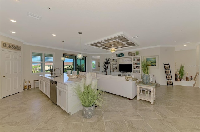 12590 Ghiberti Cir Unit 201, Venice, FL 34293 - kitchen with dishwasher, ornamental molding, white cabinetry, open floor plan, and light countertops