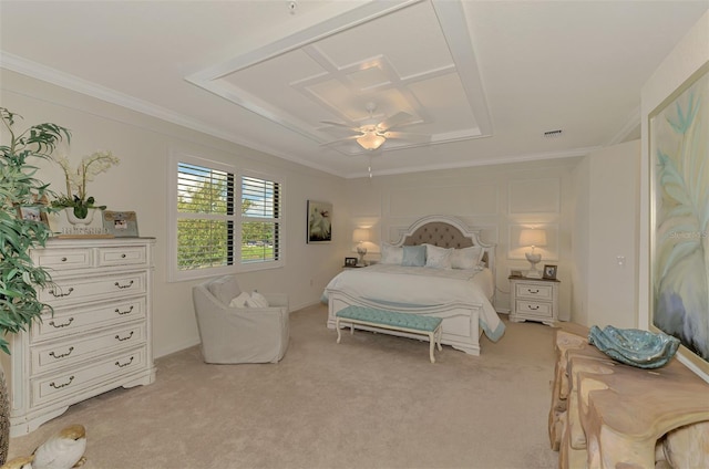 12590 Ghiberti Cir Unit 201, Venice, FL 34293 - bedroom with ornamental molding, light carpet, a ceiling fan, and a raised ceiling