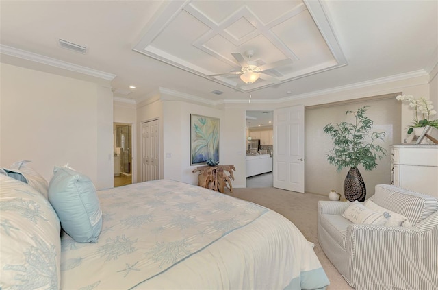 12590 Ghiberti Cir Unit 201, Venice, FL 34293 - carpeted bedroom with ornamental molding, recessed lighting, ceiling fan, and a closet
