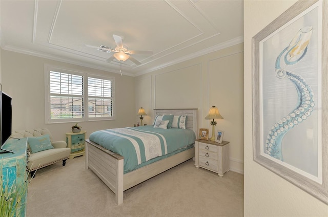 12590 Ghiberti Cir Unit 201, Venice, FL 34293 - bedroom featuring light colored carpet, ornamental molding, and ceiling fan