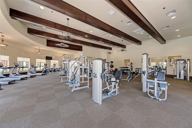 12590 Ghiberti Cir Unit 201, Venice, FL 34293 - exercise room featuring beam ceiling and recessed lighting