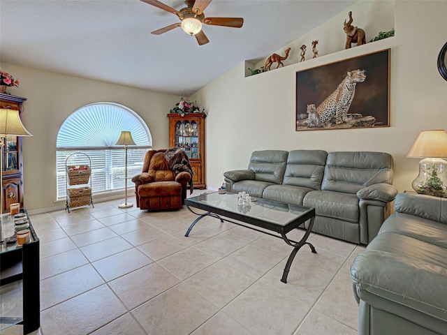 3139 Point St, North Port, FL 34286 - living room featuring light tile patterned flooring, ceiling fan, and lofted ceiling
