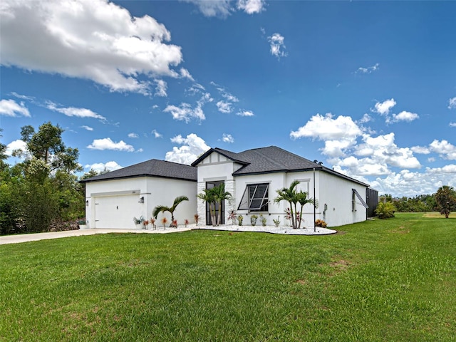 9157 Genesee St, Port Charlotte, FL 33981 - view of front facade featuring a front yard, a garage, and stucco siding