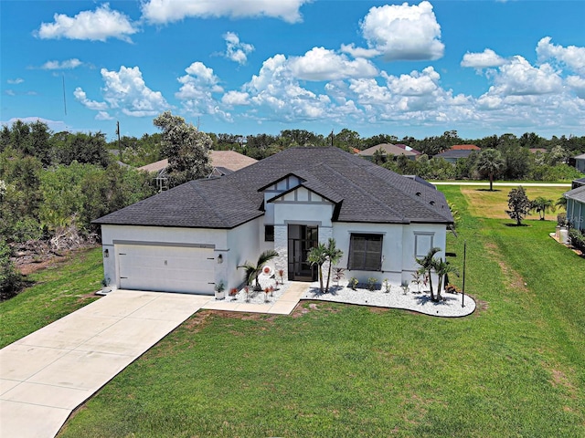 9157 Genesee St, Port Charlotte, FL 33981 - view of front of home with an attached garage, a front yard, driveway, stucco siding, and a shingled roof