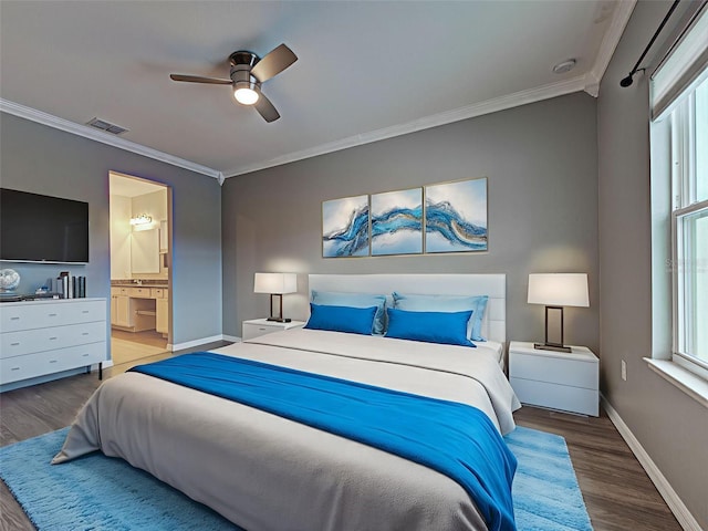 9157 Genesee St, Port Charlotte, FL 33981 - bedroom featuring ornamental molding, wood finished floors, multiple windows, ceiling fan, and connected bathroom