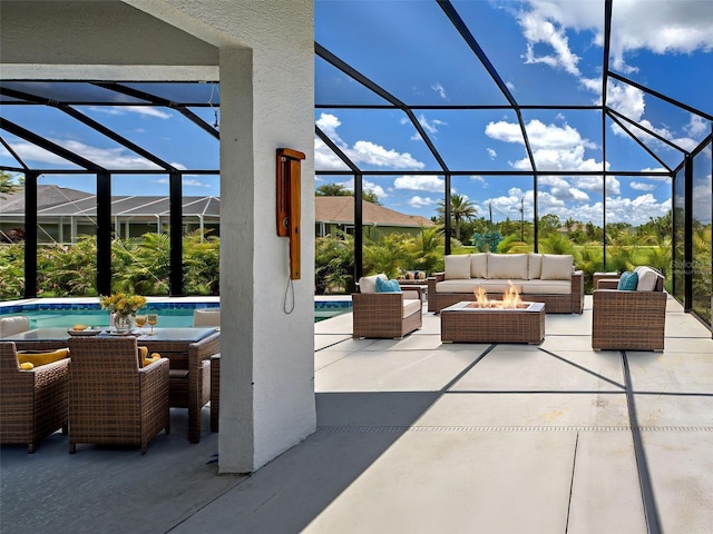 9157 Genesee St, Port Charlotte, FL 33981 - view of patio / terrace with an outdoor living space with a fire pit, an outdoor pool, and a lanai