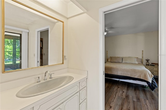 1315 Pine Needle Rd, Venice, FL 34285 - ensuite bathroom with vanity, wood finished floors, and a ceiling fan