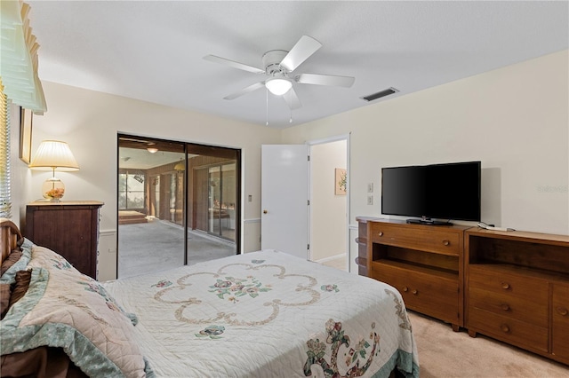 1315 Pine Needle Rd, Venice, FL 34285 - bedroom featuring light colored carpet, access to exterior, and a ceiling fan
