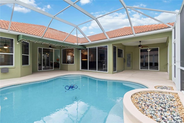 6619 Pinefeather Ct, Bradenton, FL 34203 - outdoor pool with a ceiling fan, a patio area, and a lanai