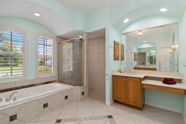 6619 Pinefeather Ct, Bradenton, FL 34203 - full bathroom with tile patterned flooring, a stall shower, a garden tub, vanity, and recessed lighting