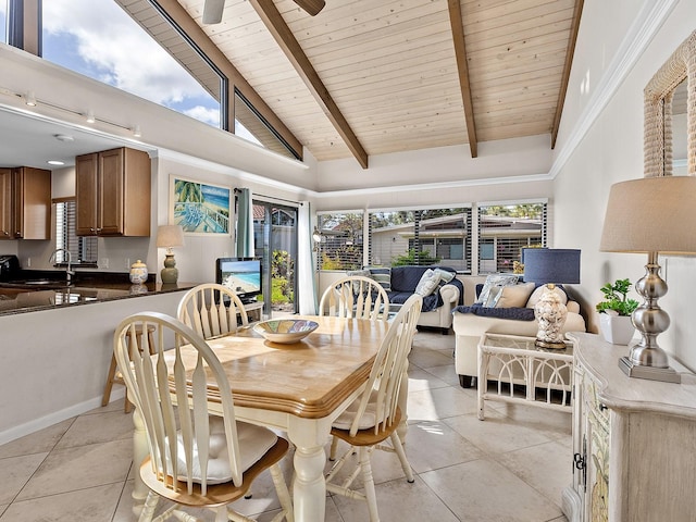 500 Park Blvd S Unit 33, Venice, FL 34285 - dining space with wooden ceiling, light tile patterned flooring, and a ceiling fan