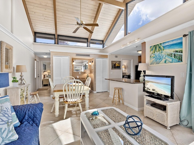 500 Park Blvd S Unit 33, Venice, FL 34285 - living room featuring high vaulted ceiling, light tile patterned floors, a ceiling fan, and a wood ceiling with exposed beams