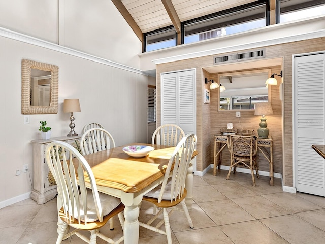 500 Park Blvd S Unit 33, Venice, FL 34285 - dining room with light tile patterned floors, wooden walls, and a wooden ceiling with exposed beams