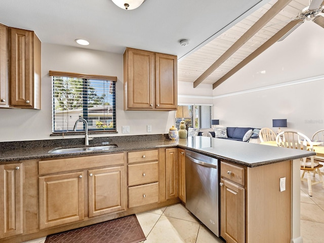 500 Park Blvd S Unit 33, Venice, FL 34285 - kitchen with dishwasher, light tile patterned floors, a peninsula, wooden ceiling, and healthy amount of natural light