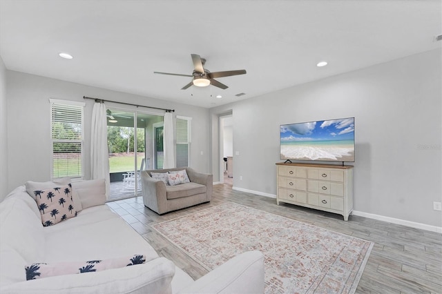 11240 Spring Gate Trl, Bradenton, FL 34211 - living room with ceiling fan, wood finished floors, and recessed lighting