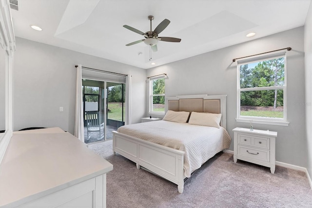 11240 Spring Gate Trl, Bradenton, FL 34211 - bedroom featuring access to exterior, light carpet, recessed lighting, and a ceiling fan