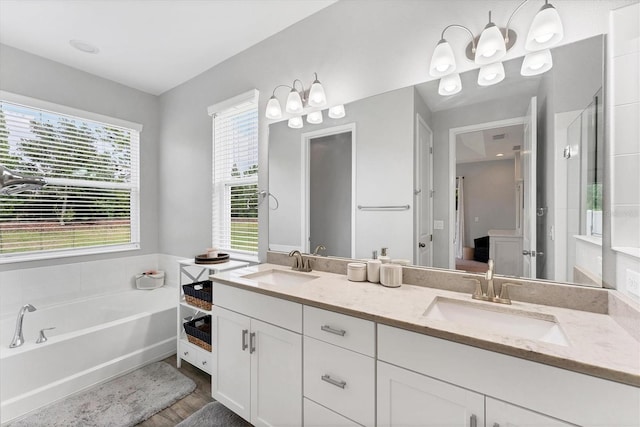 11240 Spring Gate Trl, Bradenton, FL 34211 - bathroom with double vanity, a garden tub, wood finished floors, and a shower
