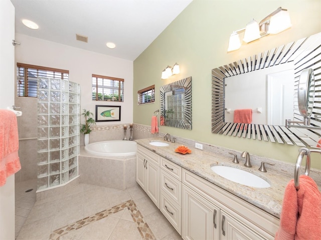 819 Shadow Bay Way, Osprey, FL 34229 - bathroom featuring tile patterned floors, a bath, double vanity, a walk in shower, and recessed lighting