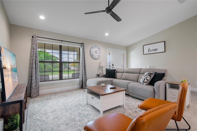 7257 Maguire Ln, Englewood, FL 34224 - living area featuring a ceiling fan, recessed lighting, and lofted ceiling