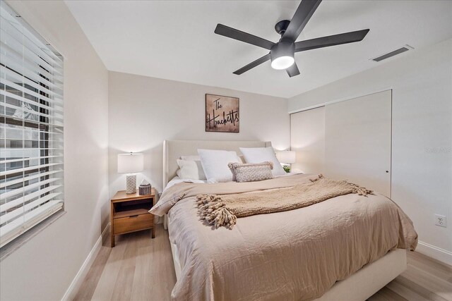 1211 Capri Isles Blvd Unit 6, Venice, FL 34292 - bedroom with light wood finished floors, a closet, and ceiling fan