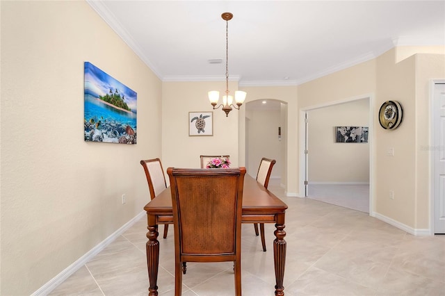 12187 Amica Loop, Venice, FL 34293 - dining area featuring arched walkways, crown molding, a chandelier, and light tile patterned flooring