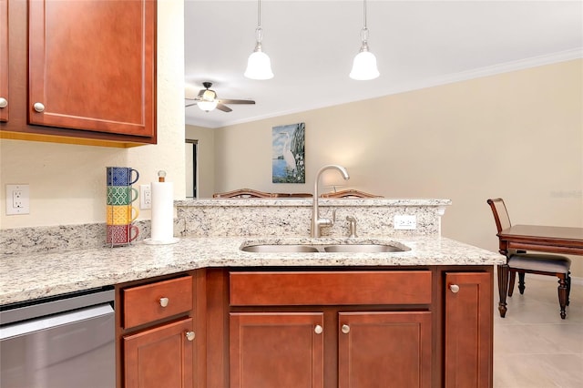 12187 Amica Loop, Venice, FL 34293 - kitchen featuring dishwasher, a peninsula, crown molding, a ceiling fan, and light tile patterned floors