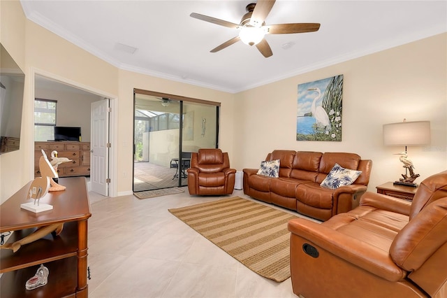12187 Amica Loop, Venice, FL 34293 - living room featuring a ceiling fan, ornamental molding, and light tile patterned floors