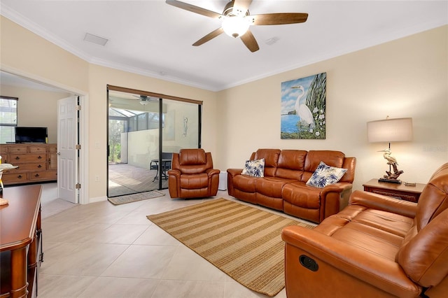 12187 Amica Loop, Venice, FL 34293 - living room with a ceiling fan, crown molding, and light tile patterned floors